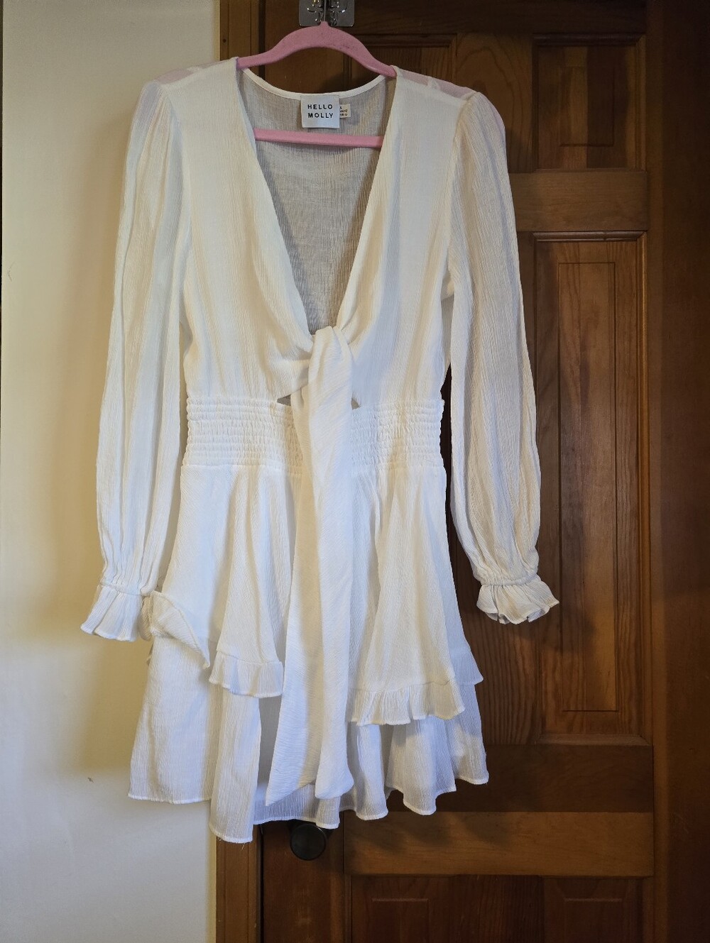 Hello Molly Cream Long-Sleeve Tie-Front Mini Dress